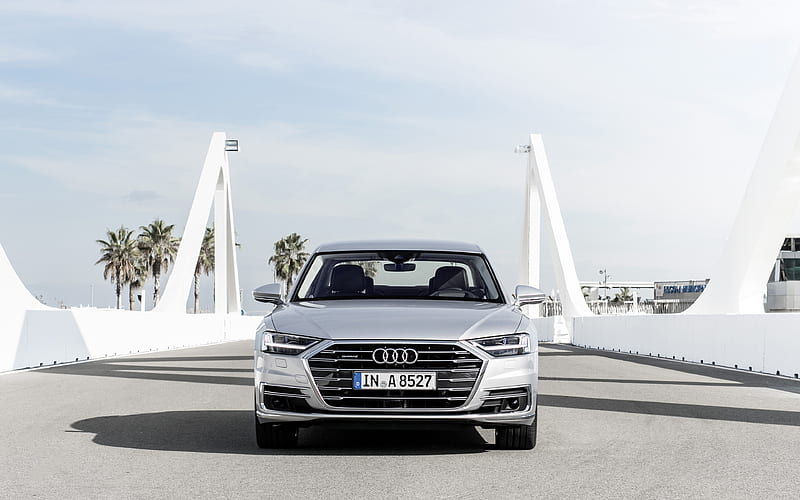 Audi A8, 2019 exterior, front view, new white A8, luxury sedan, business class, German cars, Audi, HD wallpaper