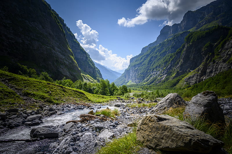 mountains, rocks, bushes, river, HD wallpaper