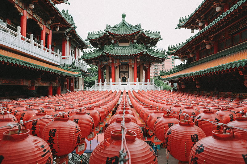 green and red pagoda temple, HD wallpaper