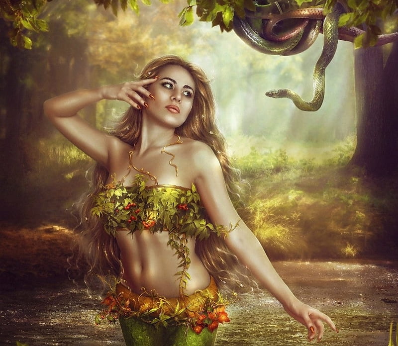 Eve, fantasy, luminos, green, tatyanache, snake, HD wallpaper