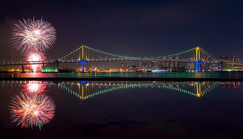 japan, bridge, fireworks, night, panoramic, buildings, City, HD wallpaper