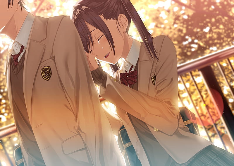 anime couple, crying, tears, romance, school uniform, scenic, Anime, HD wallpaper