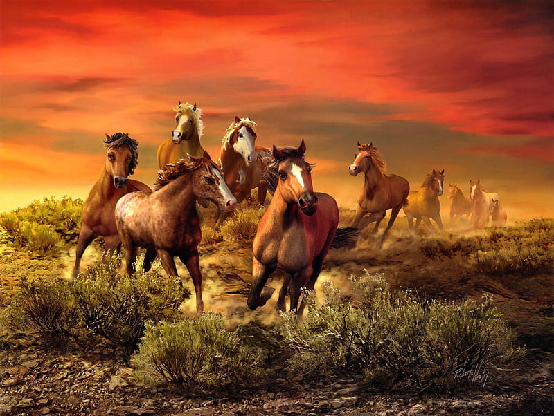 Horses, herd, painting, sunset, sky, clouds, landscape, HD wallpaper
