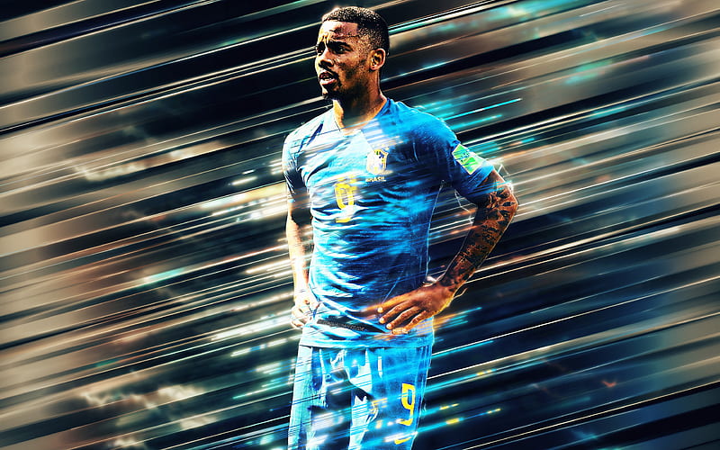 Gabriel Jesus, Brazilian football player, striker line art, Brazil national football team, portrait, blue uniform, Brazil, HD wallpaper