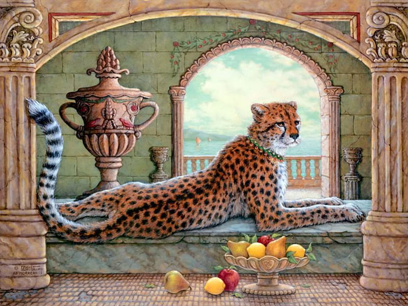 Royal cheetah, shore, fruits, bonito, sea, animal, royal, wild, painting, art, rest, window, view, palace, cat, ailboats, sailboats, coast, HD wallpaper