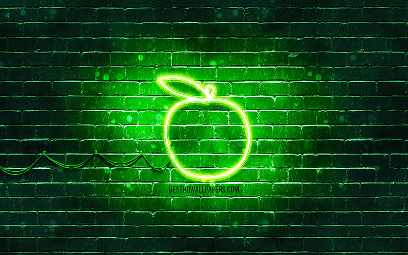 Green Apple neon icon green background, neon symbols, Green Apple, creative, neon icons, Apple sign, food signs, Apple icon, food icons, HD wallpaper