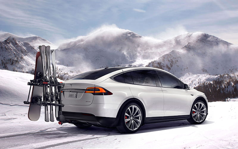 Tesla Model X, 2017, electric crossover white Model X, new cars, ski transport, snowboard, Tesla, HD wallpaper