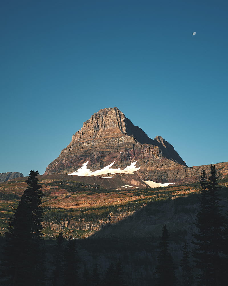 mountains, peak, trees, snow, snowy, sky, HD phone wallpaper