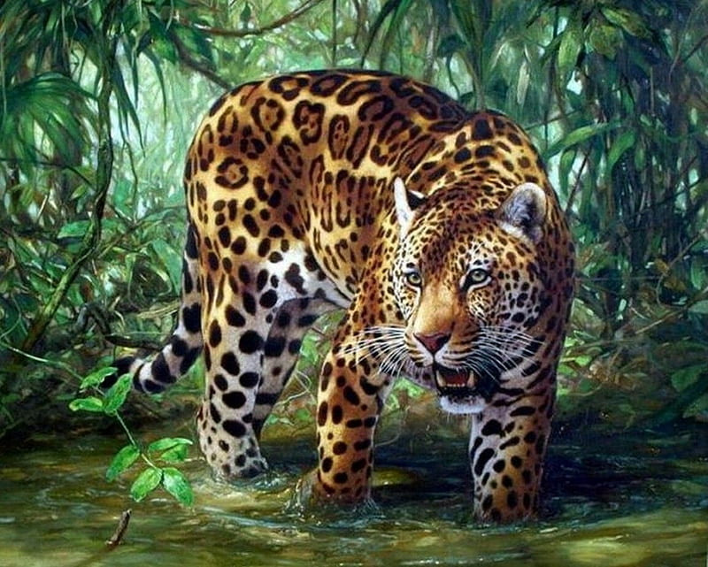 Jaguar, art, green, painting, jungle, pictura, animal, HD wallpaper