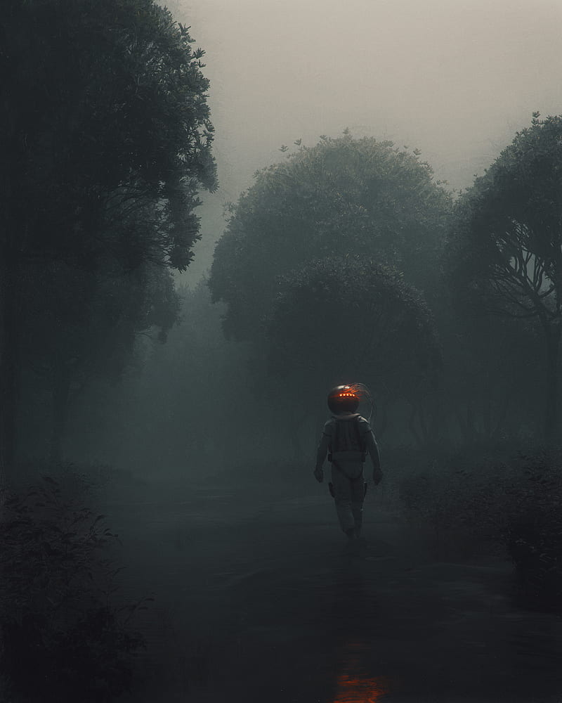 man, space suit, forest, fog, art, HD phone wallpaper