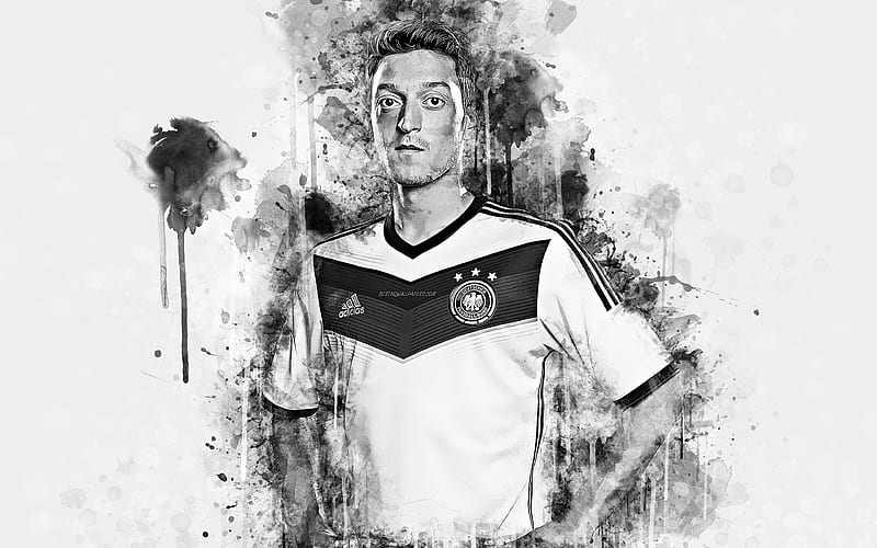 Mesut Ozil Germany national football team, creative art, German football player, splashes of paint, monochrome portrait, paint art, grunge, HD wallpaper