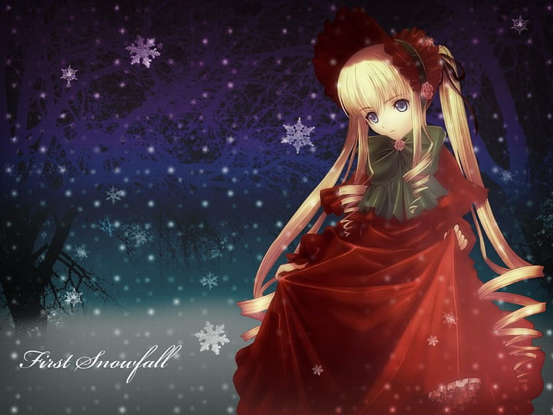 First Snowfall, shinku, Anime Doll, snowing, anime, Anime girl, rozen maiden, Living Doll, HD wallpaper