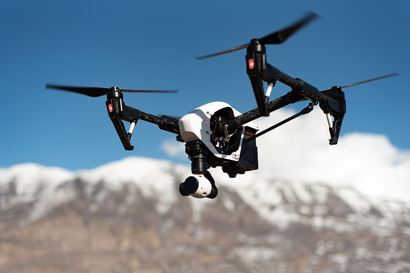 white and black quadcopter hovering under blue skies, HD wallpaper