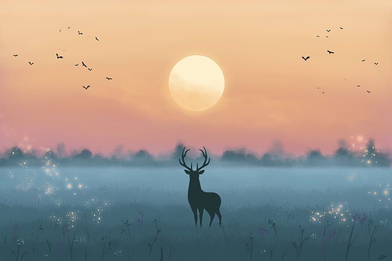 deer, silhouette, moon, night, art, HD wallpaper