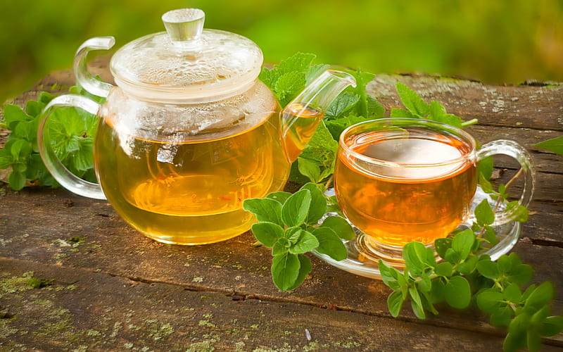 Green tea, mint, cup of tea, teapot, drinks, HD wallpaper