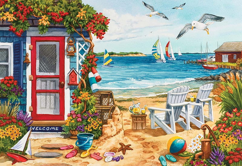 Beach Lighthouse, house, fish, ocean, light, star, gulls, sea, puzzle, jigsaw, beach, HD wallpaper