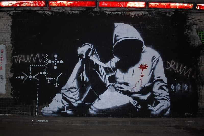 Hooded figure, art, stencil, graffiti, HD wallpaper