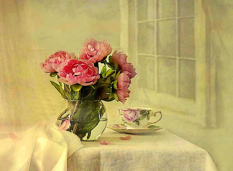 The Window, table, window, saucer, vase, teacup, peonies, still life, flowers, pink peonies, white tablecloth, HD wallpaper