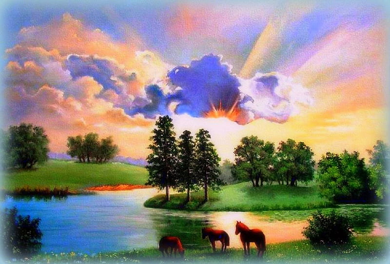✫Abundance of Rivers✫, grass, softness beauty, attractions in dreams, bonito, clouds, rainbows, paintings, landscapes, flowers, scenery, drawings, animals, rivers, abundance, colors, love four seasons, creative pre-made, sky, trees, horses, digitals art, sunshine, nature, HD wallpaper
