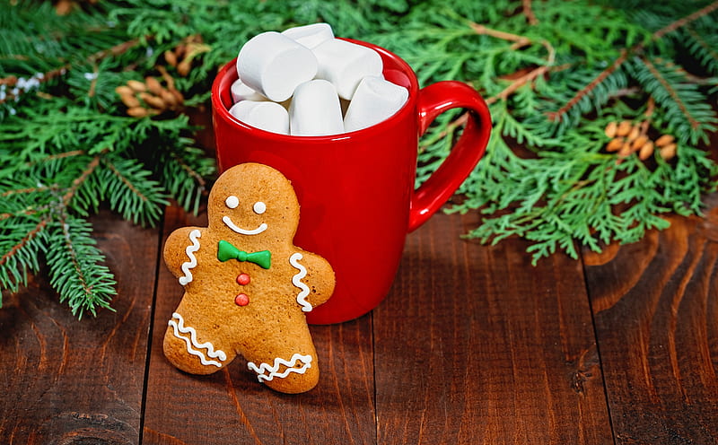 Gingerbread Man, Red Mug of Hot Chocolate... Ultra, Holidays, Christmas, Winter, Green, Happy, Cookie, Wooden, Coffee, December, Holiday, Branches, Sweet, Celebration, Card, Traditional, rustic, Gingerbread, homemade, newyear, cocoa, marshmallows, hotdrink, firtreebranch, PineTreeBranch, HD wallpaper