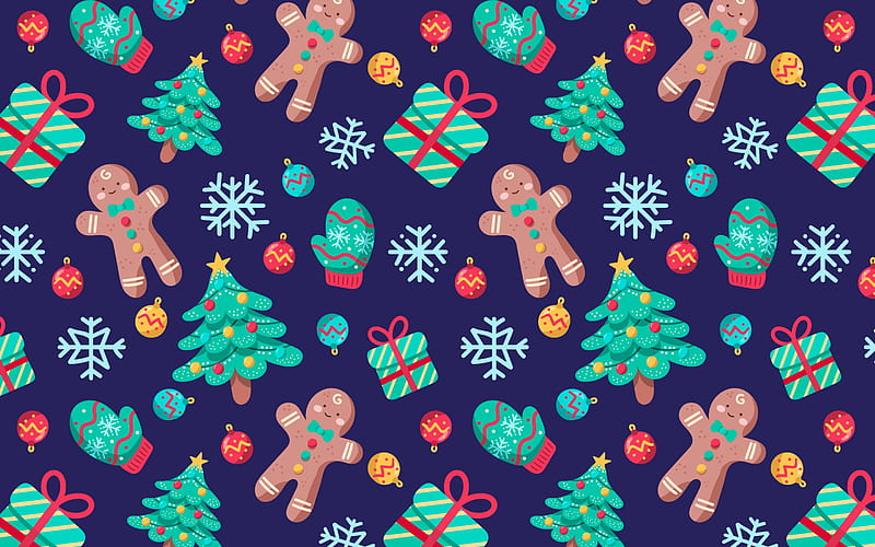 Christmas texture, New Year background, texture with christmas cookies, christmas trees texture, retro christmas texture, HD wallpaper