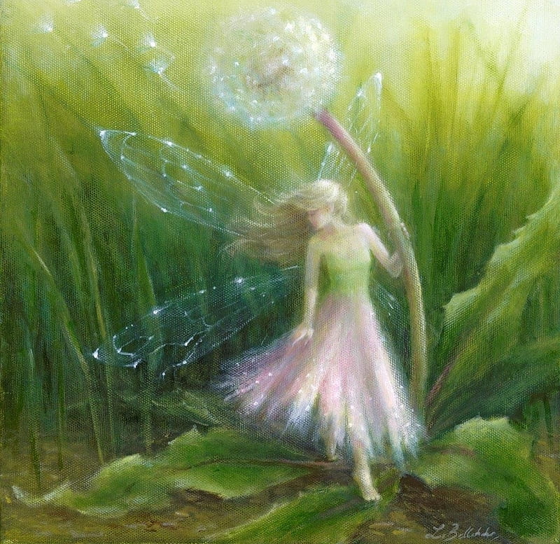 Fairy with Dandelion, fantasy, luminos, green, girl, lynne bellchamber, white, fairy, art, dandelion, painting, HD wallpaper
