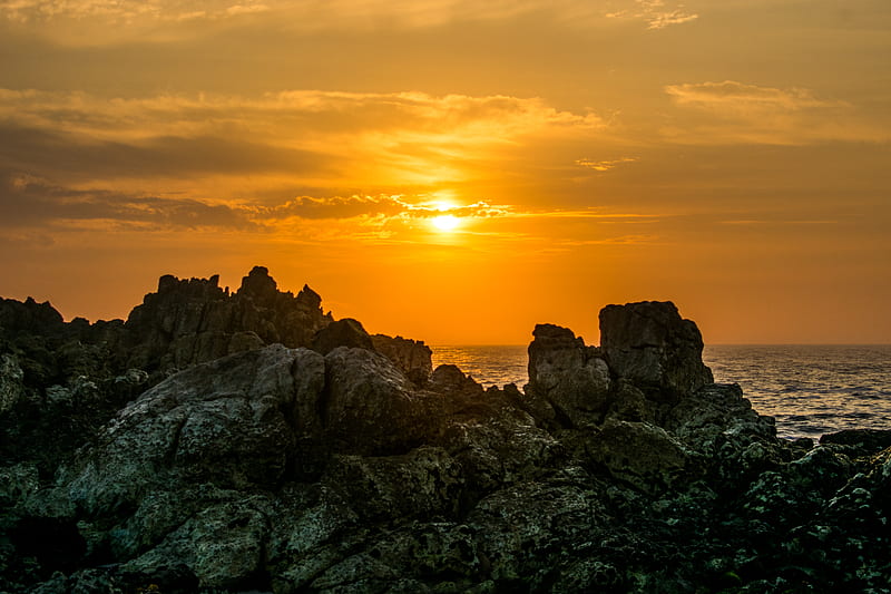 rocks, blocks, sunset, sun, HD wallpaper