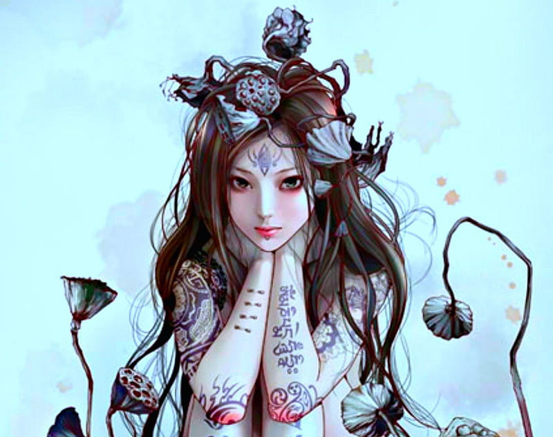 The Servant of the Underworld, fantasy, face, woman, tattoo, HD wallpaper