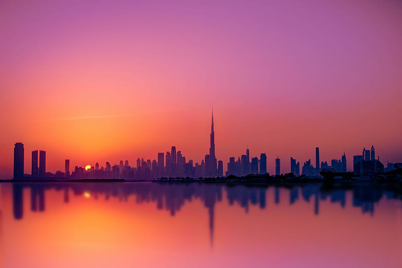 Dubai City , Skyline, Silhouette, Cityscape, Sunset, World, Dubai Aesthetic, HD wallpaper