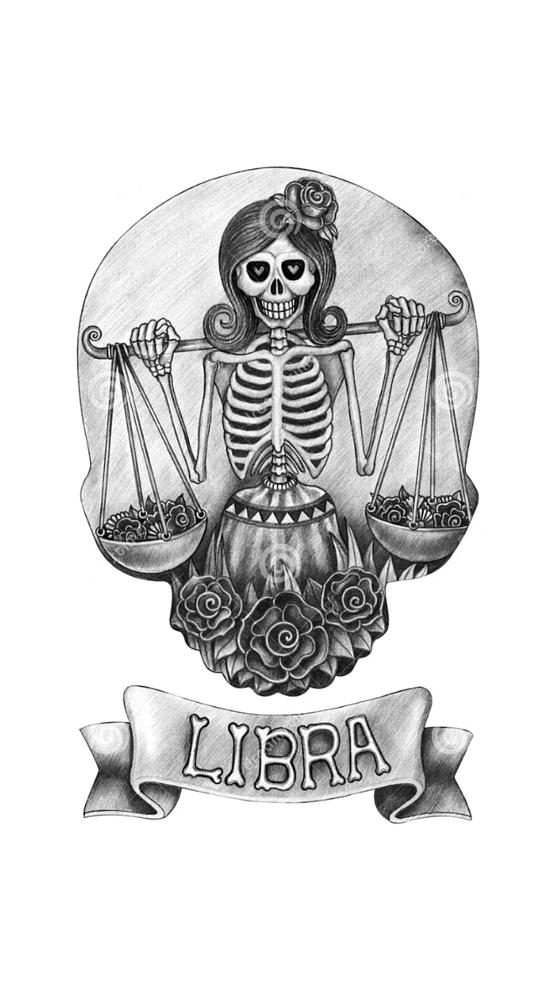 Libra is Love, balance, black and white, flowers, horoscope, sign, signs, skeleton, sugar skull, zodiac, HD phone wallpaper
