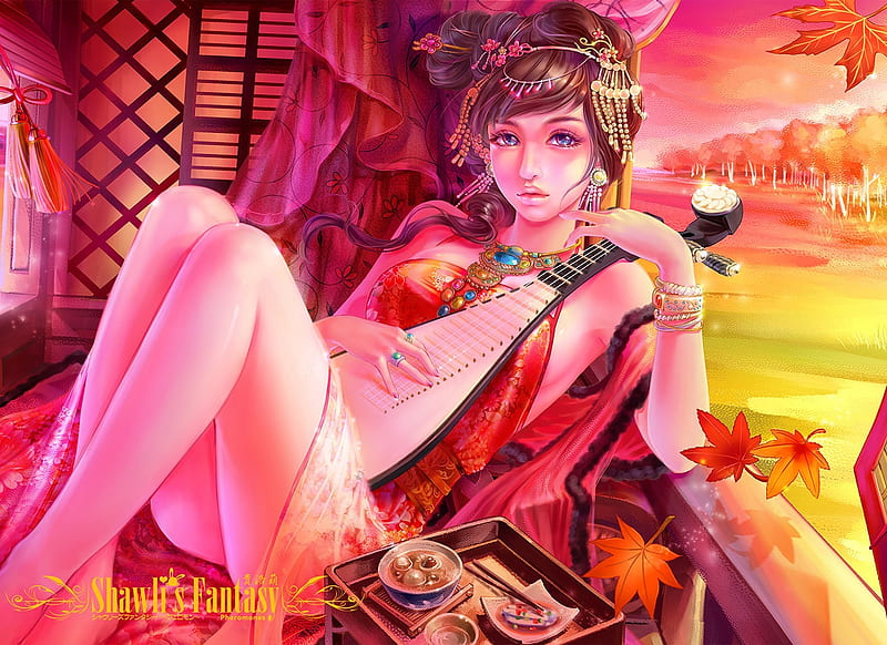 Fantasy girl, autumn, shawli, luminos, mandolin, shawli chen, toamna, yellow, leaf, fantasy, shawli2007, instrument, girl, pink, HD wallpaper