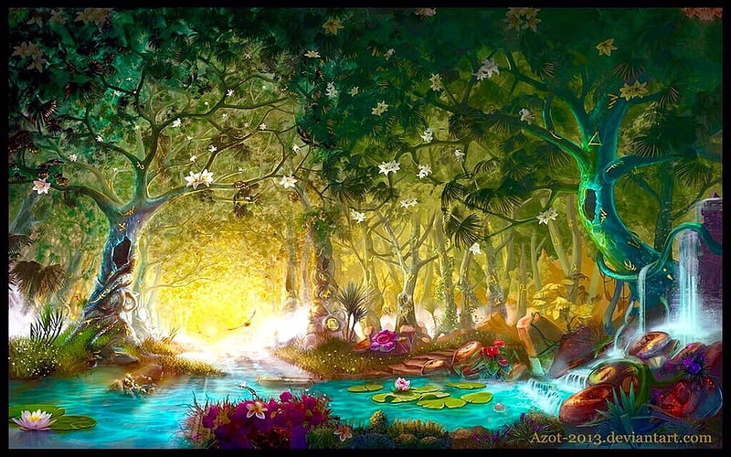 Enchanted Forest, forest, dreamy, Enchanted, Fantasy, trees, Stream, lily pads, digital, magical, HD wallpaper