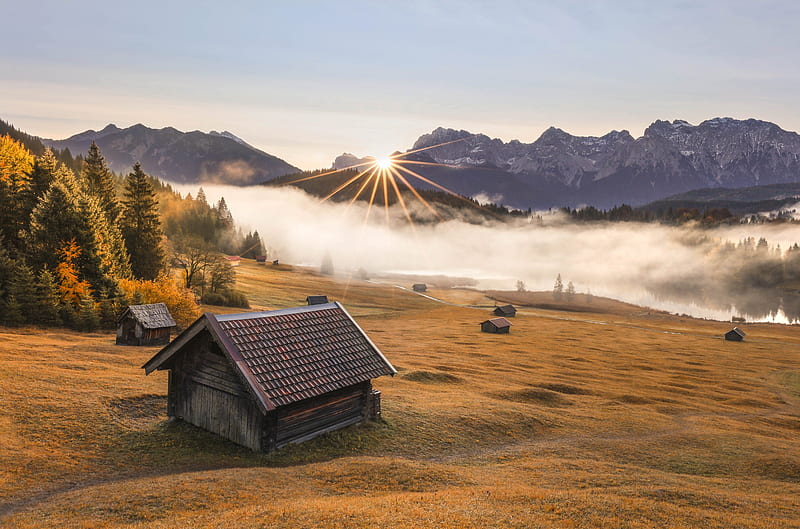 Man Made, Cabin, Bavaria, House, Hut, Mountain, Nature, Sunbeam, HD wallpaper