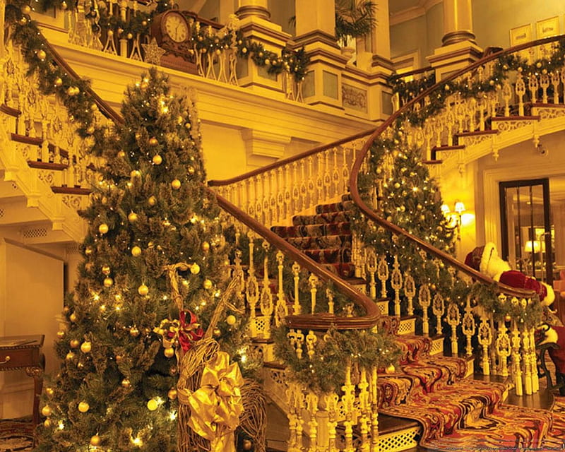 Royal Christmas, tree, decoration, interior, stairs, palace, HD wallpaper