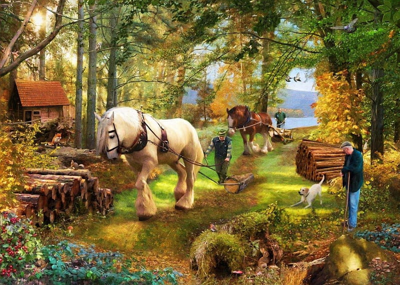 End of Working Day, tree, painting, path, man, artwork, horses, wood, HD wallpaper