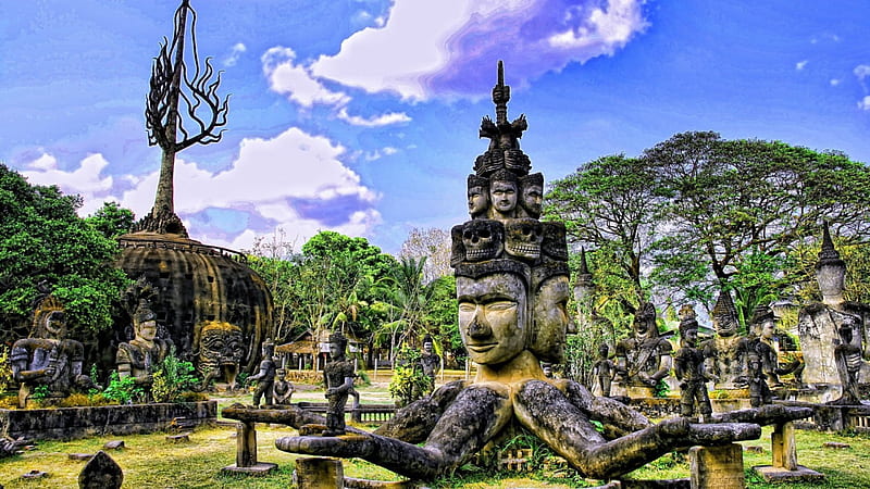statue garden in vientiane laos r, statues, civilization, garden, r, trees, clouds, HD wallpaper
