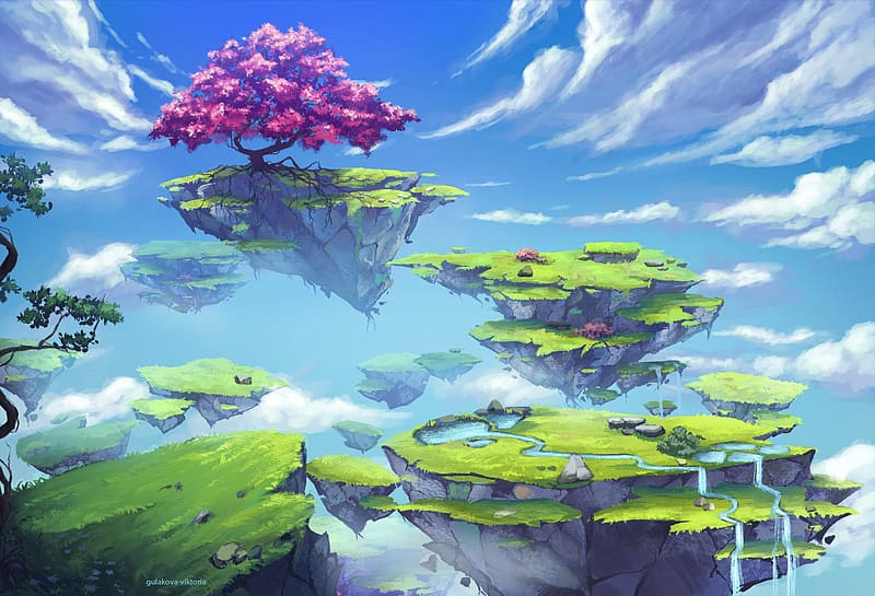 Landscape, Fantasy, Sky, Waterfall, Tree, Floating Island, HD wallpaper