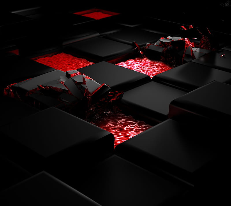 Cracked, 3d, black, box, cube, red, square, HD wallpaper