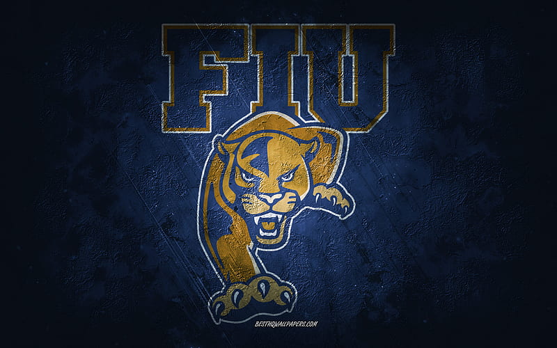 FIU Panthers, American football team, blue background, FIU Panthers logo, grunge art, NCAA, American football, USA, FIU Panthers emblem, HD wallpaper