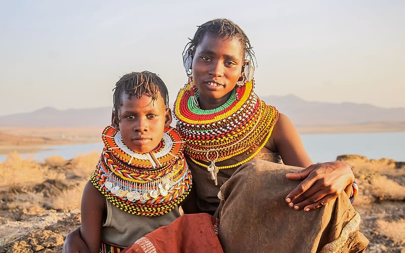 Turkana Girls, Kenya, hills, necklaces, national costumes, girls, Africa, lake, HD wallpaper
