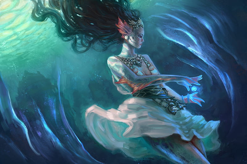 Mermaid, underwater, art, fantasy, girl, sea, blue, HD wallpaper