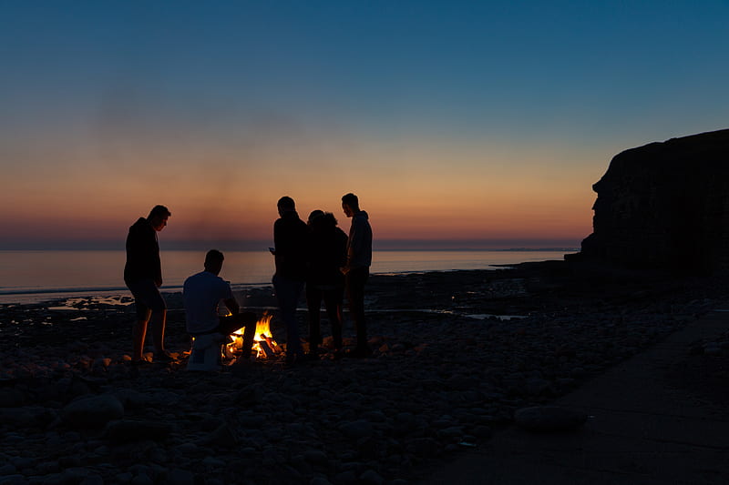 fire, camping, silhouettes, rest, beach, HD wallpaper