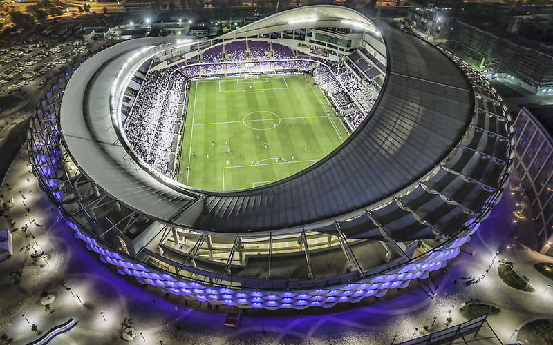 Hazza bin Zayed Stadium, UAE, Abu Dhabi football stadium, top view, aerial view, night, sports arenas, United Arab Emirates, HD wallpaper