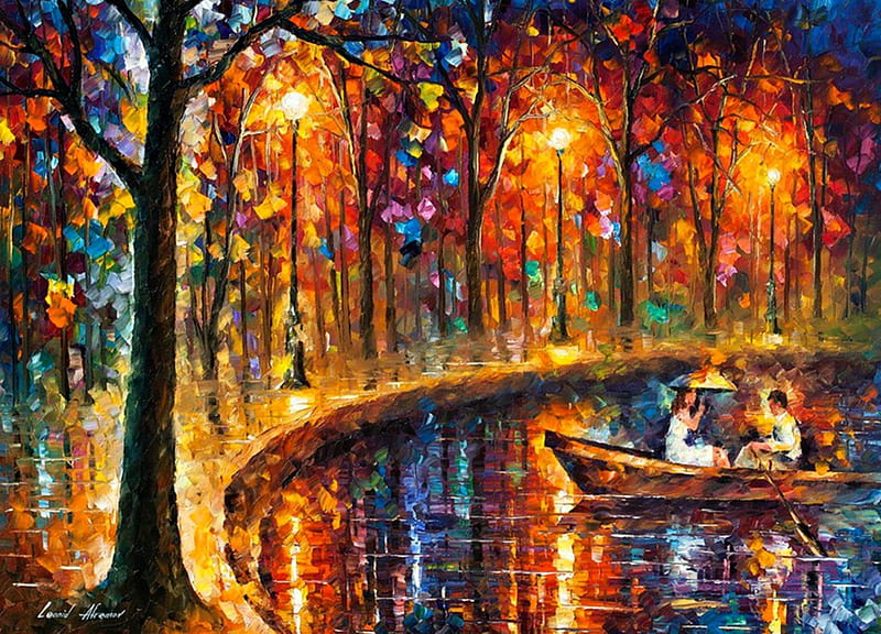 Our little boat, colorful, art, luminos, orange, lake, lights, tree, water, people, painting, leonid afremov, pictura, blue, night, HD wallpaper