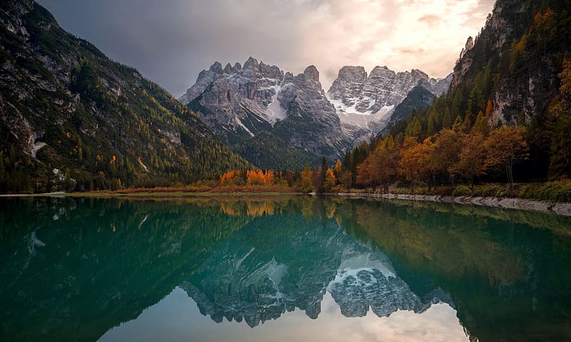 Italian Dolomites, clouds, reflections, water, alps, autumn, mountains, sky, rocks, HD wallpaper