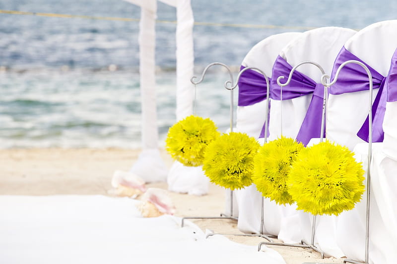 ๑~๑The sea is waiting to bless us๑~๑, wonderful, sunny, yellow, bonito, ribbons, bows, sea, love, bright, siempre, chairs, floral balls, blessings, wedding, purple, waiting, summer, white, HD wallpaper