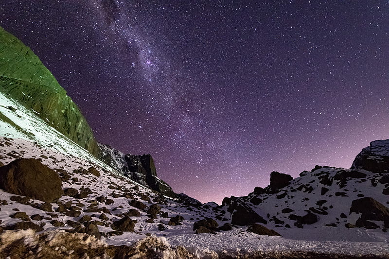 slope, nebula, rocks, stars, night, HD wallpaper