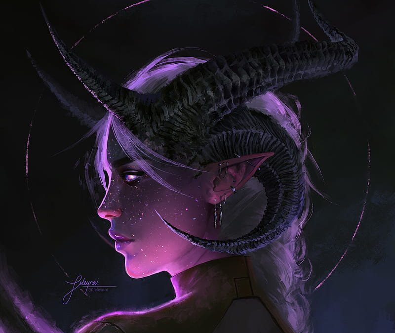 Fantasy, Demon, Face, Girl, Horns, Pointed Ears, White Hair, Woman, HD wallpaper