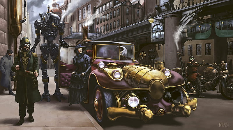 urban steampunk living, robot, girl, motorcycle, car, HD wallpaper