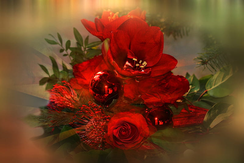 Merry Christmas, red flowers, christmas arrangement, bonito, red balls, greens, lightining, HD wallpaper